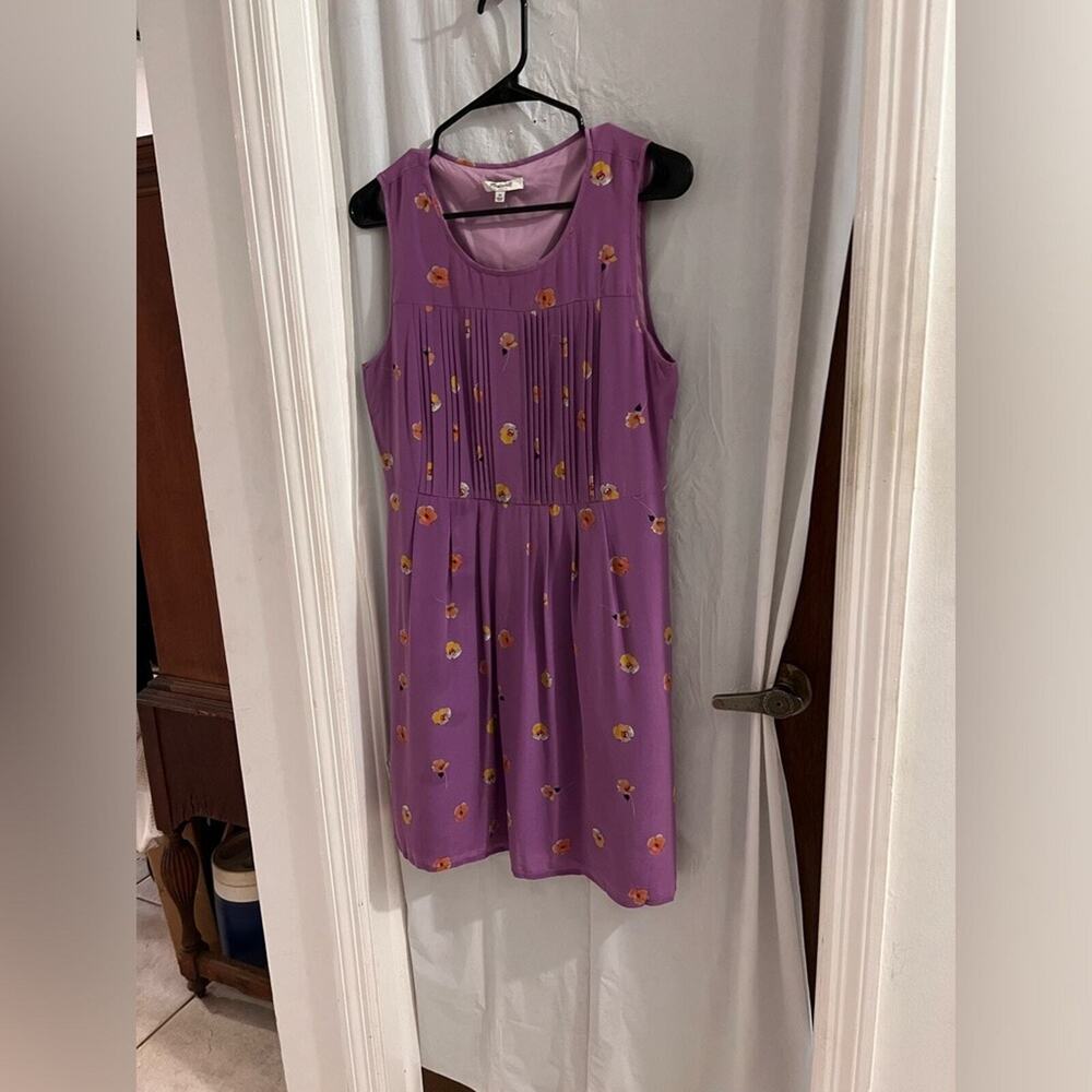 Madewell purple pansy floral 100% silk pleated dress size 10 office party